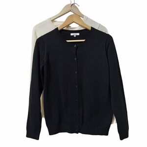 Quince 100% Organic Cotton Crewneck Cardigan Girls‎ Size 12 Black White 2-PACK